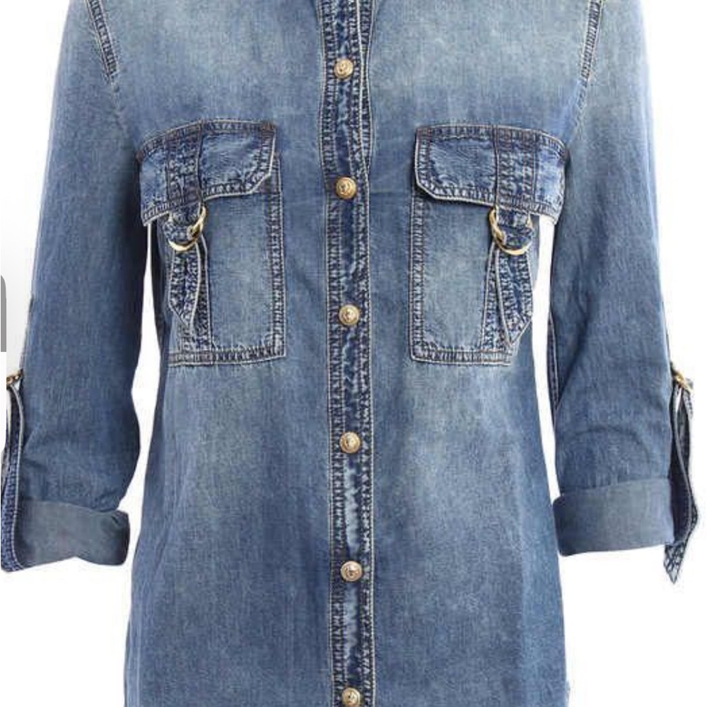 NWT BALMAIN Blue Denim Button Down Shirt with Gold Hardware, Size 4/36